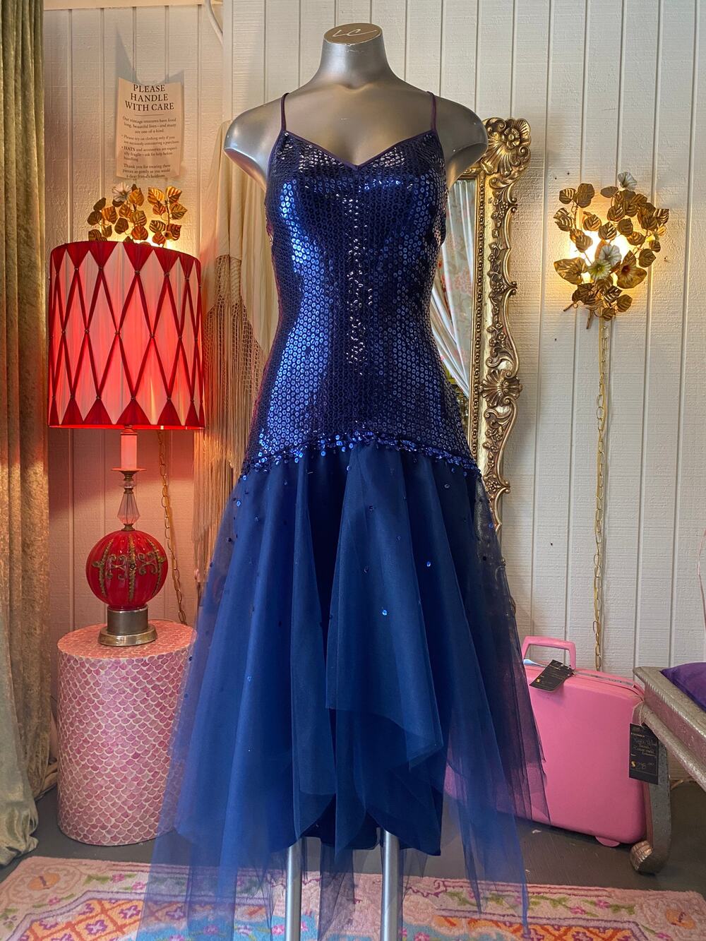 vintage 1980s blue sequin formal dress, mermaid hem, low back, bolero, 80s prom